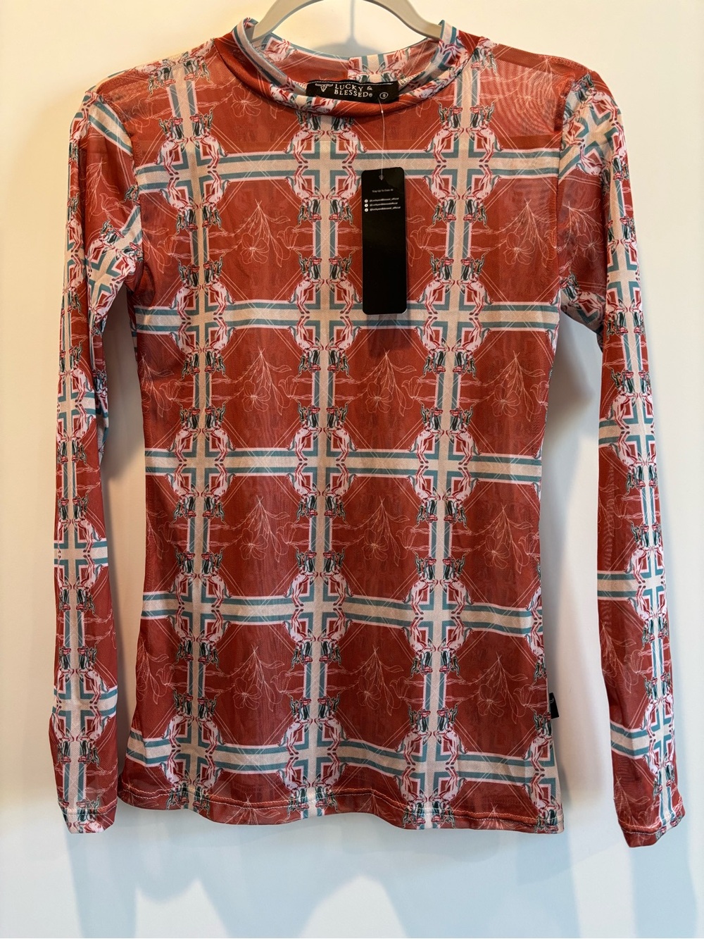Lucky and Blessed Rust Plaid Long-Sleeve Mesh with Cream & Teal Accents